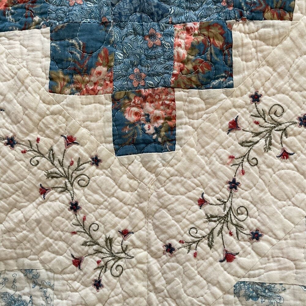 Handmade Vintage Quilt Patchwork Jacket Blue Ivor… - image 9